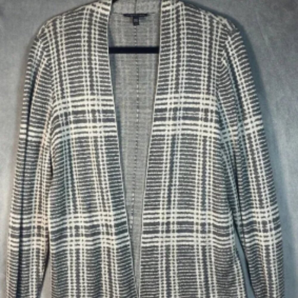 Eileen Fisher Gray White Tencel Merino Knit Open Front Cardigan Sweater Sz LARGE